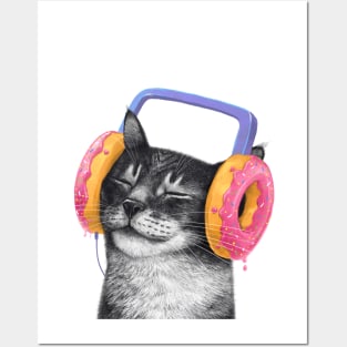 Cat with headphones Posters and Art